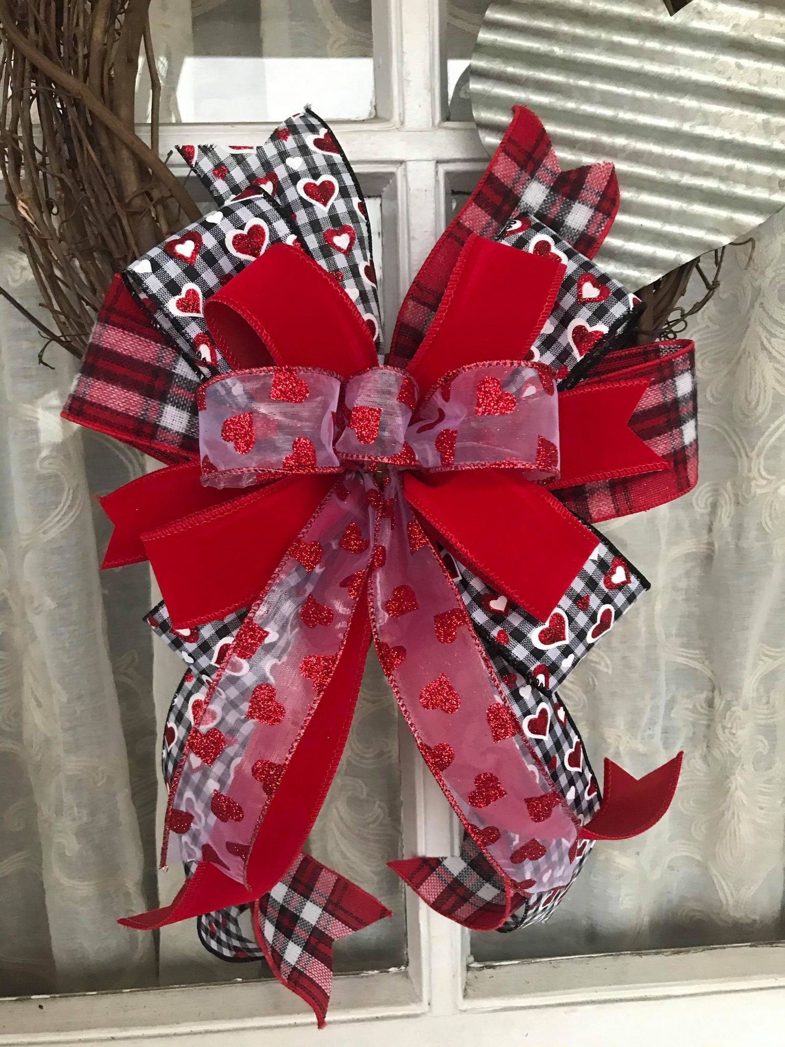 Farmhouse Valentines Wreaths for Front Door, Valentines Day Gift, Lambs Ear  Wreath, Red and White Buffalo Plaid Check Wreath 