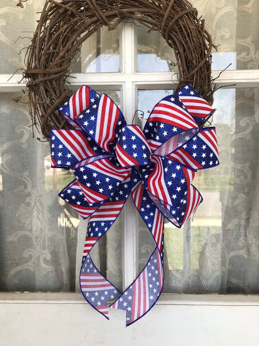 Patriotic Wreath Bow, Flat Fourth of July Bow, Glitter Red White and Blue Bow, Flag Day