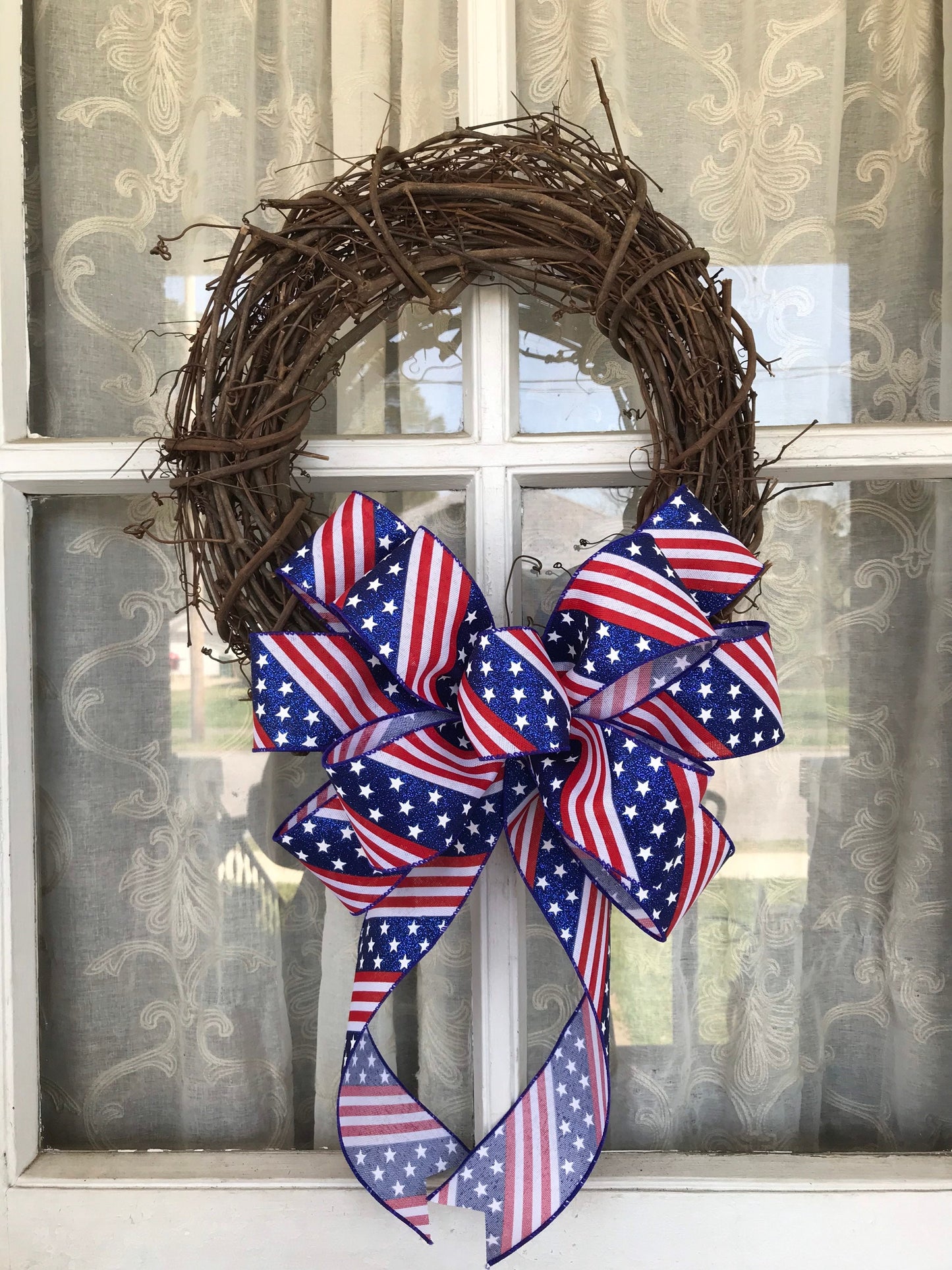 Patriotic Wreath Bow, Flat Fourth of July Bow, Glitter Red White and Blue Bow, Flag Day