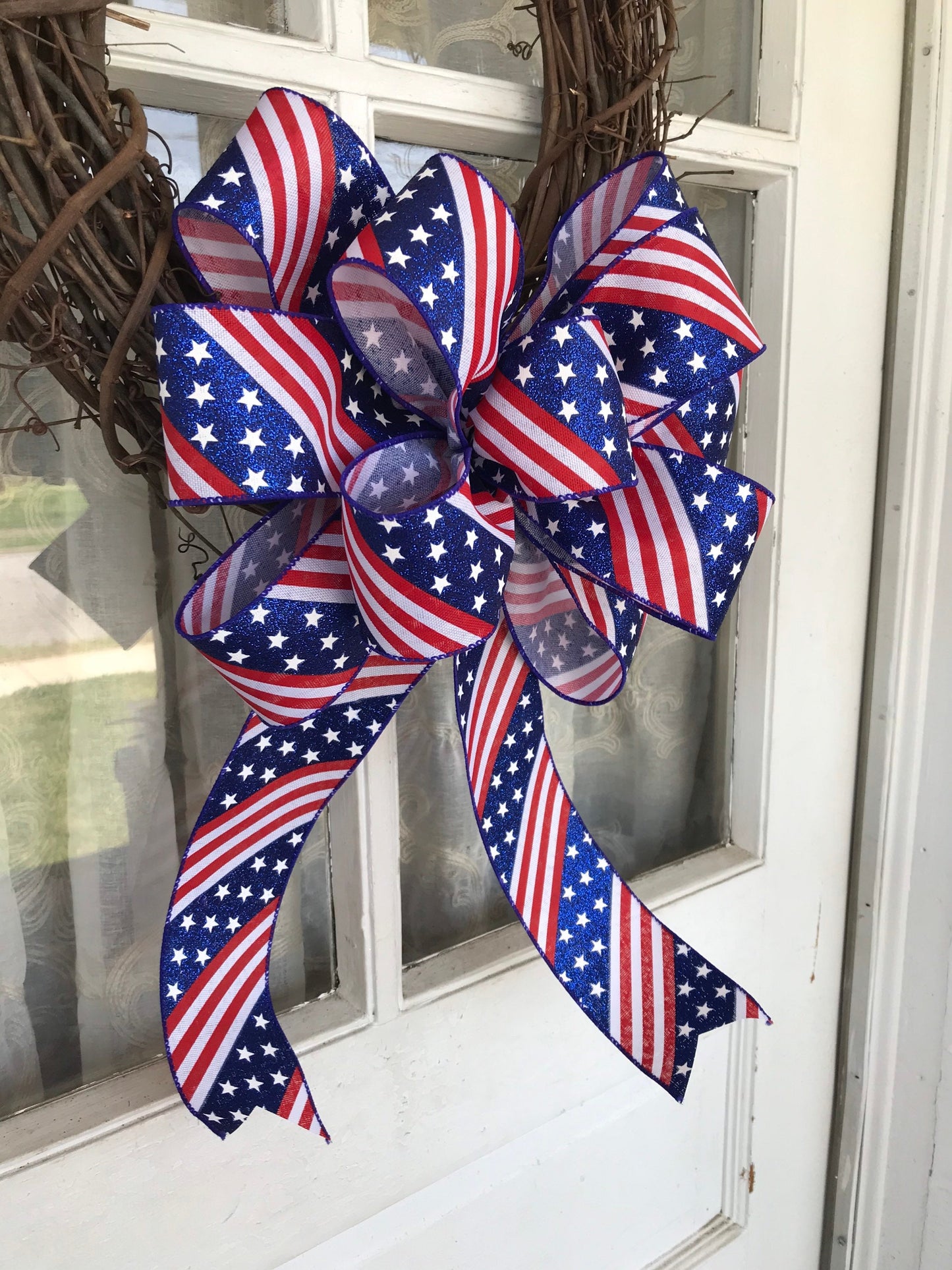Patriotic Wreath Bow, Flat Fourth of July Bow, Glitter Red White and Blue Bow, Flag Day