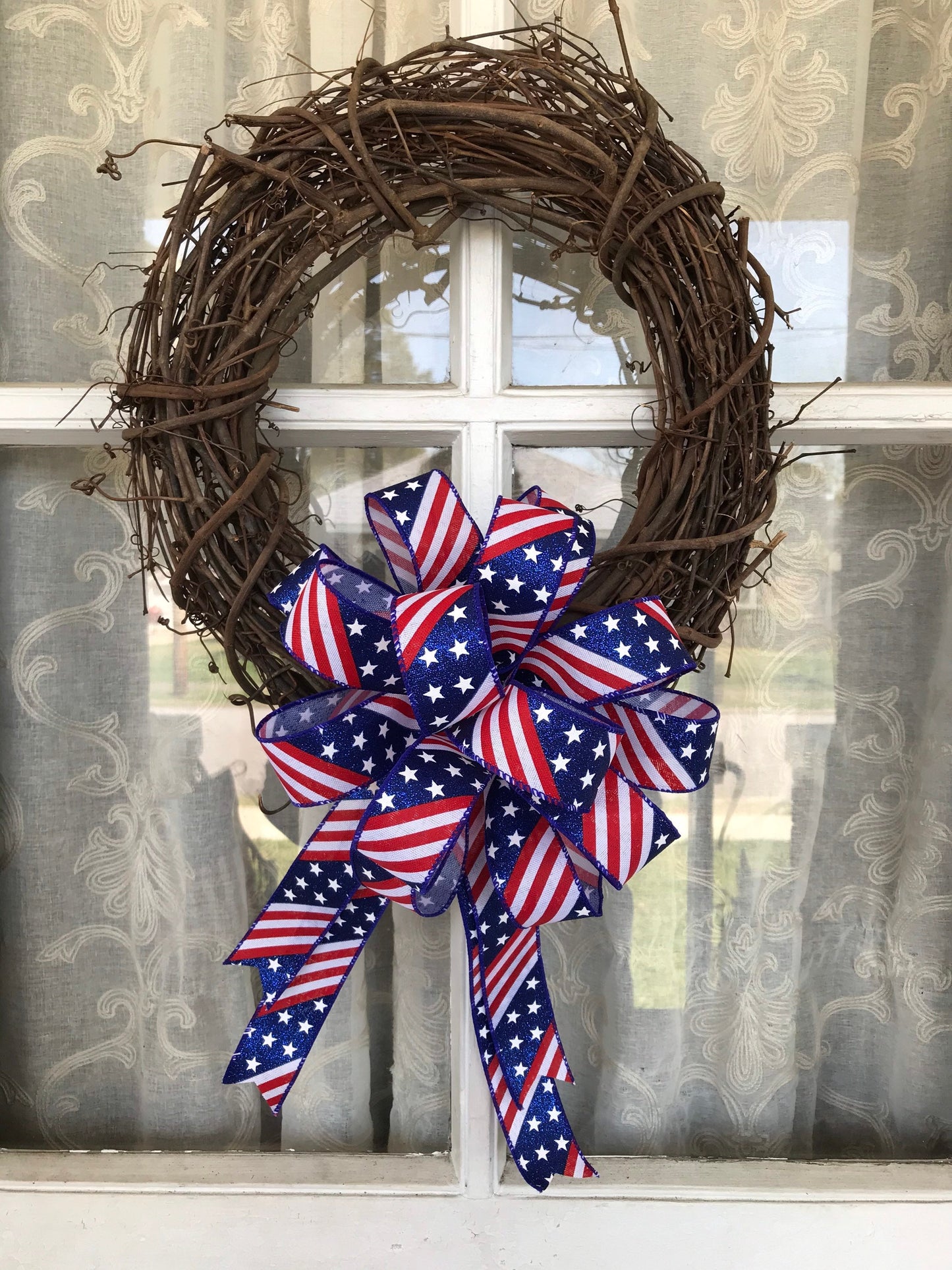 Patriotic Bow, 10 Inch Round Fourth of July Bow, Glitter Red White and Blue Bow, 1.5” width wired ribbon, Flag Day