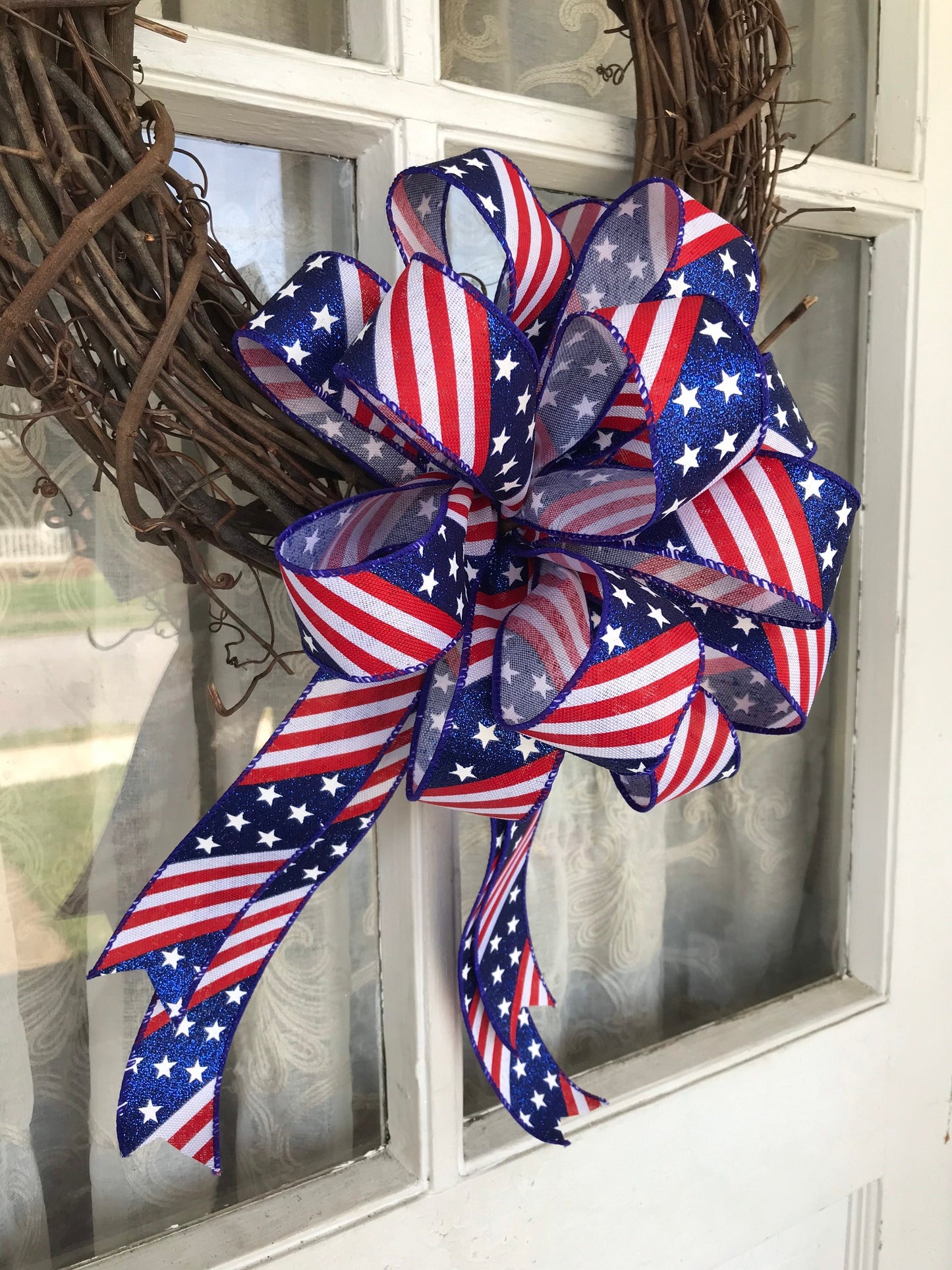 Patriotic Bow, 10 Inch Round Fourth of July Bow, Glitter Red White and Blue Bow, 1.5” width wired ribbon, Flag Day