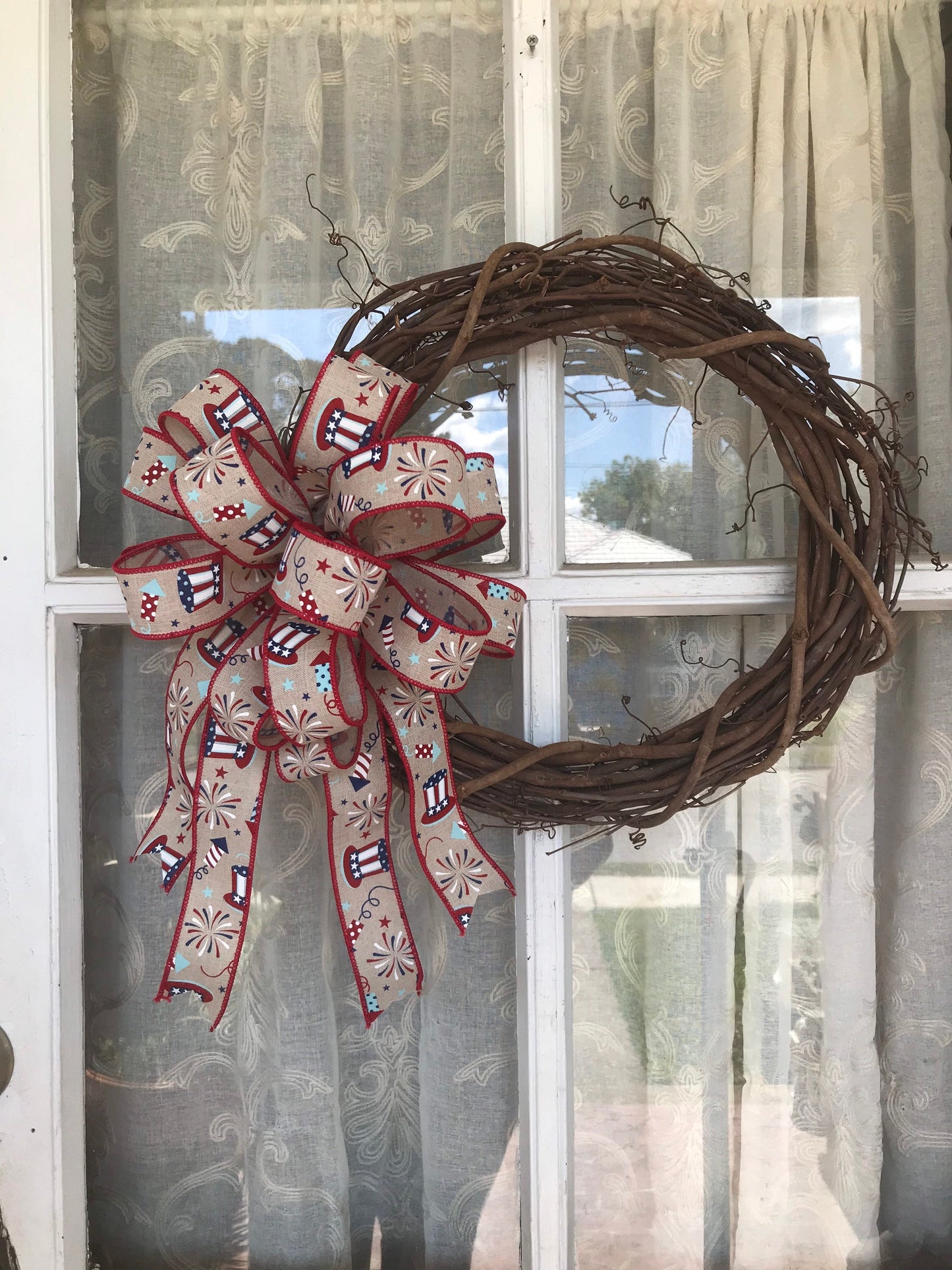 Patriotic Bow, 10 Inch Round Fourth of July Bow, Patriotic Hat, 1.5” width wired ribbon, Flag Day