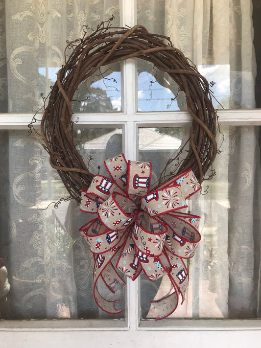 Patriotic Bow, 10 Inch Round Fourth of July Bow, Patriotic Hat, 1.5” width wired ribbon, Flag Day