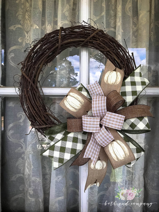 White Pumpkin Bow, Fall Farmhouse Bow, Pumpkin Wreath Bow