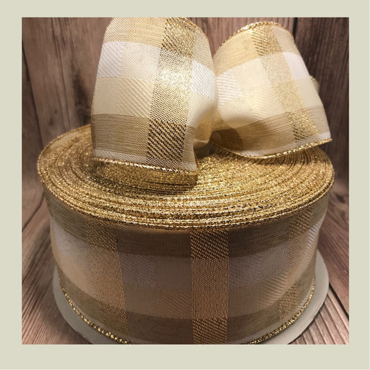 Christmas Ribbon, White and Gold Buffalo Plaid Wired Ribbon, Black and White Check, 2.5 Inch Ribbon, 5 yards