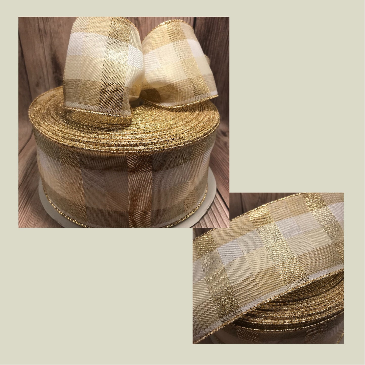 Christmas Ribbon, White and Gold Buffalo Plaid Wired Ribbon, Black and White Check, 2.5 Inch Ribbon, 5 yards