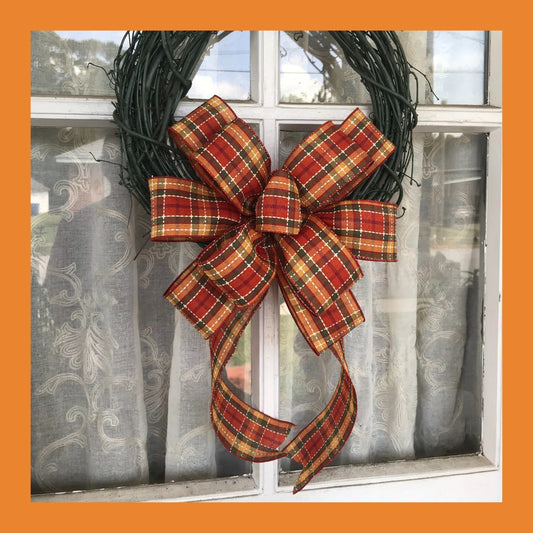 Fall Plaid Wreath, Green Grapevine wreath, Farmhouse wreath, Fall Bow