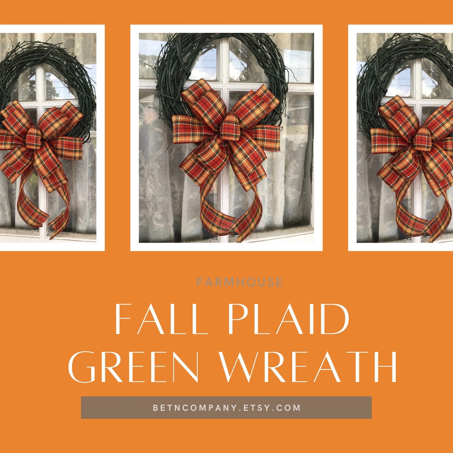 Fall Plaid Wreath, Green Grapevine wreath, Farmhouse wreath, Fall Bow