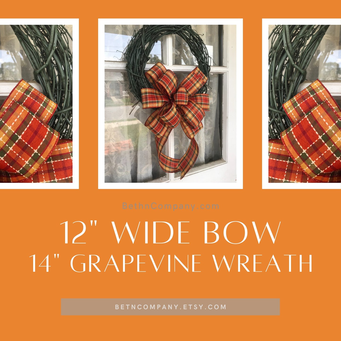 Fall Plaid Wreath, Green Grapevine wreath, Farmhouse wreath, Fall Bow