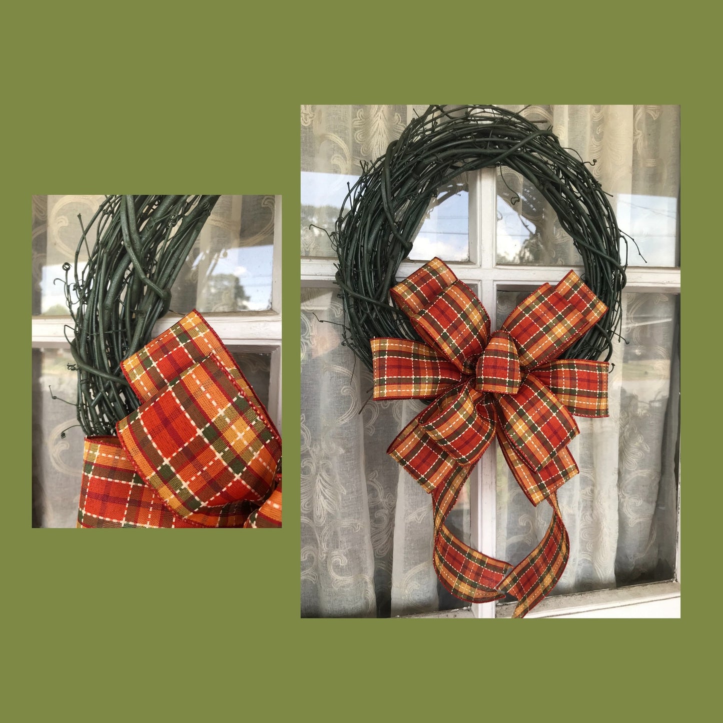 Fall Plaid Wreath, Green Grapevine wreath, Farmhouse wreath, Fall Bow