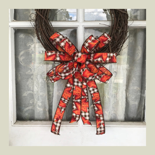 Fall Bow, Brown and White Buffalo Plaid Bow with Maple Leaf. Fall leaf bow