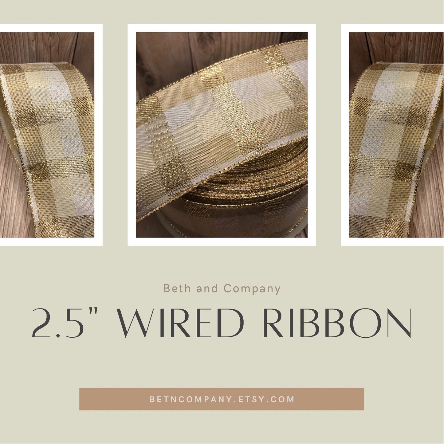 Christmas Ribbon, White and Gold Buffalo Plaid Wired Ribbon, Black and White Check, 2.5 Inch Ribbon, 5 yards
