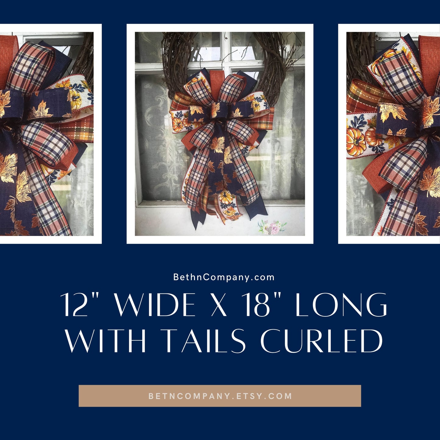 Fall Bow, Navy Fall Wreath Bow, Fall Mixed Ribbon Bow