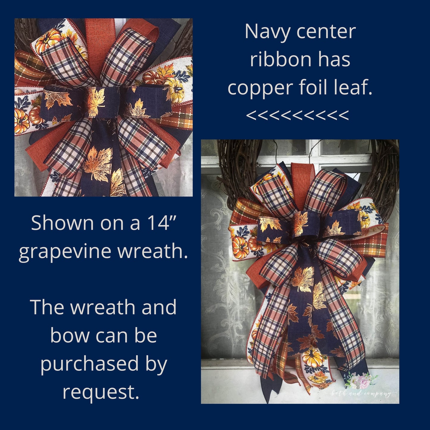 Fall Bow, Navy Fall Wreath Bow, Fall Mixed Ribbon Bow