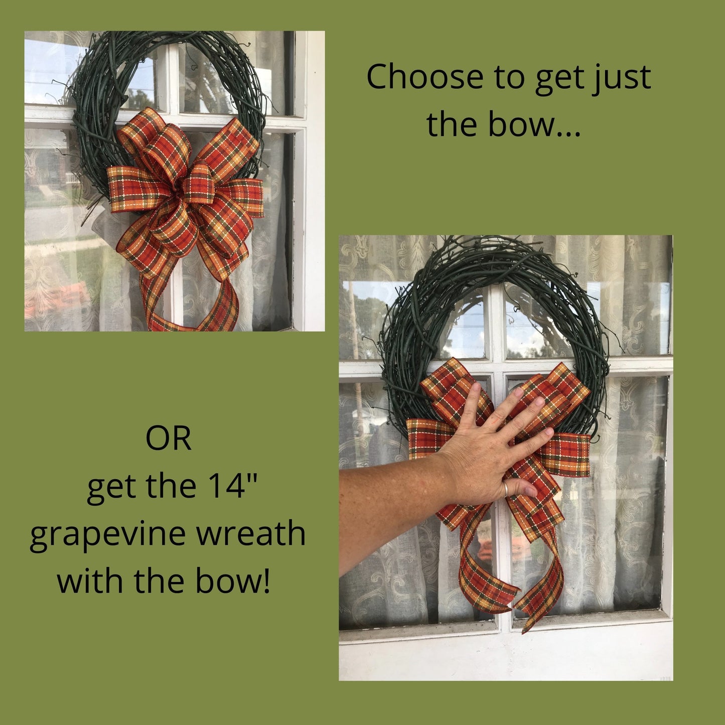 Fall Plaid Wreath, Green Grapevine wreath, Farmhouse wreath, Fall Bow