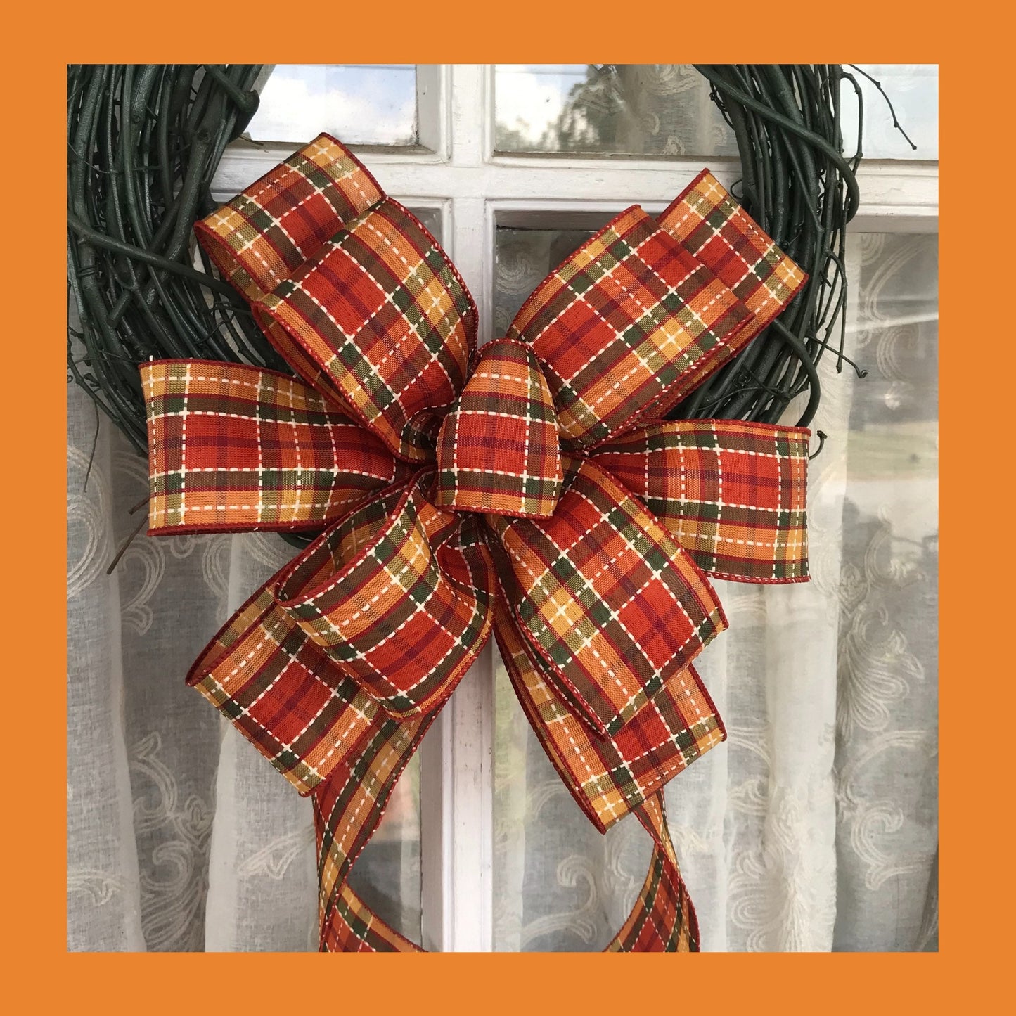 Fall Plaid Wreath, Green Grapevine wreath, Farmhouse wreath, Fall Bow