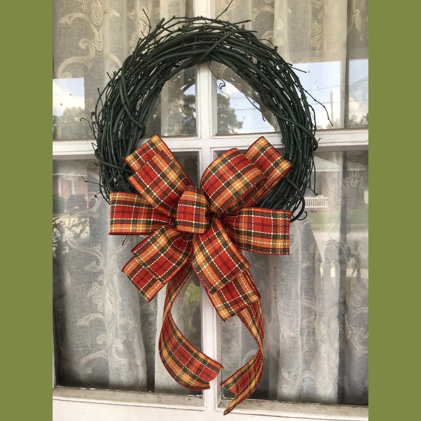 Fall Plaid Wreath, Green Grapevine wreath, Farmhouse wreath, Fall Bow