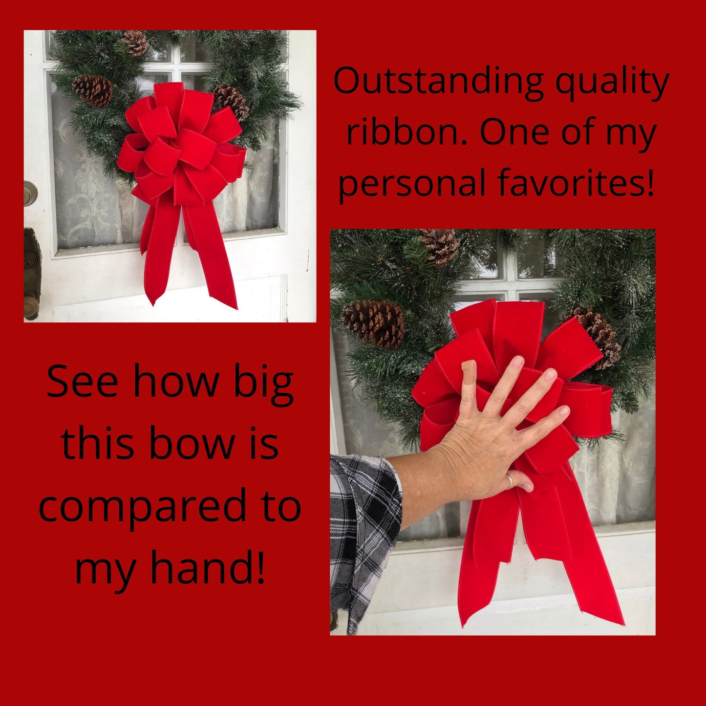 OUTDOOR Red Velvet Christmas wreath bow, Weatherproof Christmas Bow, 2.5" width wired red velvet, FREE shipping