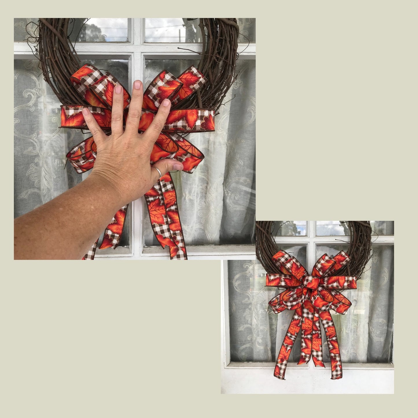 Fall Bow, Brown and White Buffalo Plaid Bow with Maple Leaf. Fall leaf bow