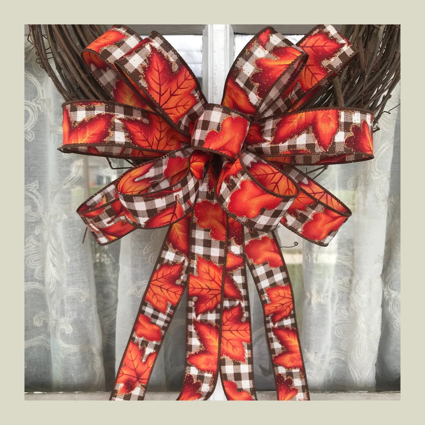Fall Bow, Brown and White Buffalo Plaid Bow with Maple Leaf. Fall leaf bow