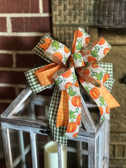 Fall Lantern Bow, Fall Orange Pumpkin Bow, Wreath bow, 11 Inch bow