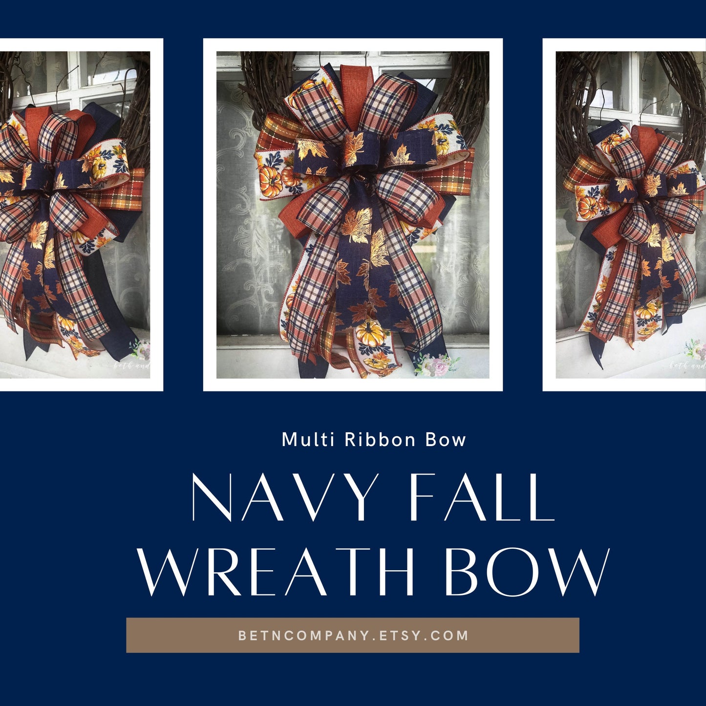 Fall Bow, Navy Fall Wreath Bow, Fall Mixed Ribbon Bow