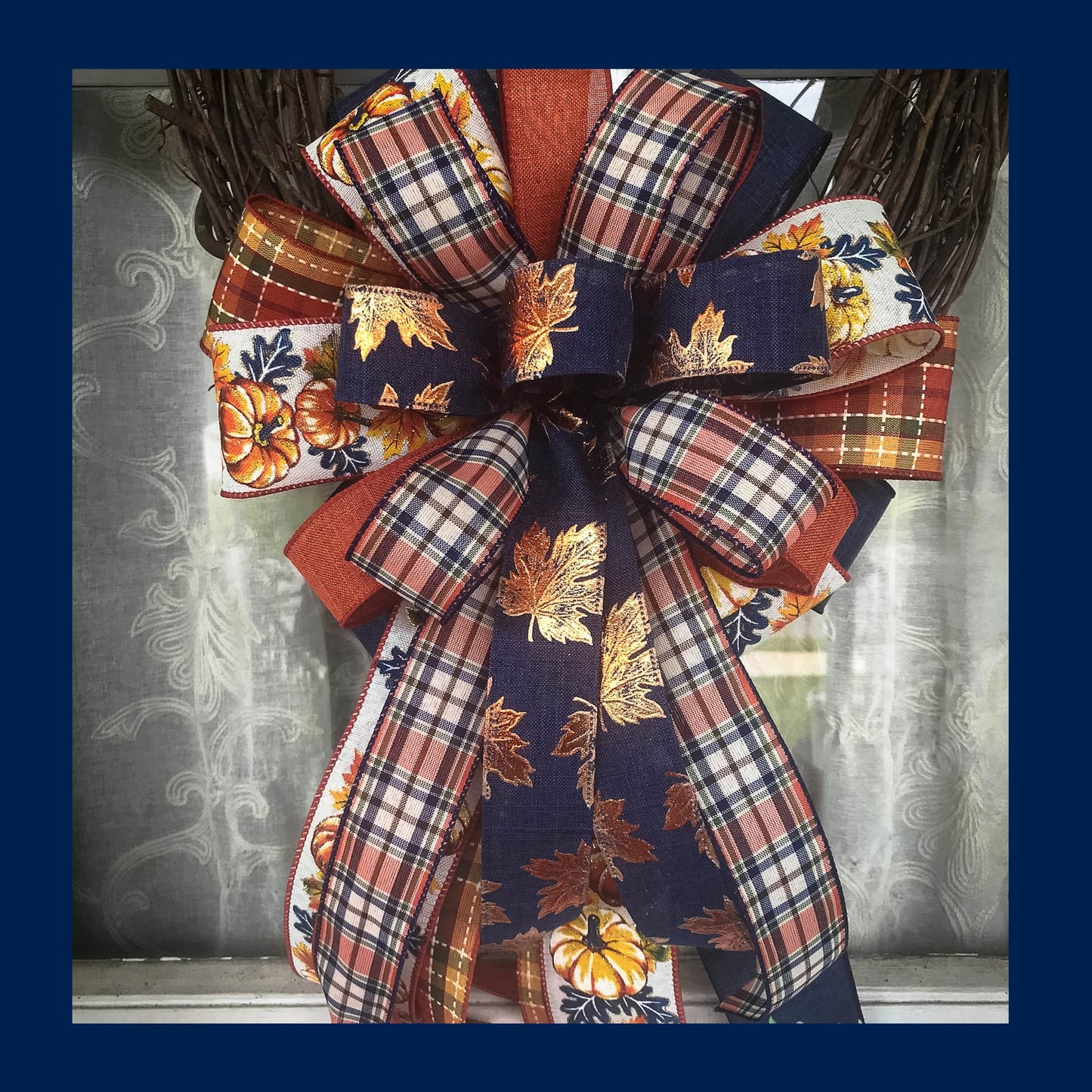 Fall Bow, Navy Fall Wreath Bow, Fall Mixed Ribbon Bow