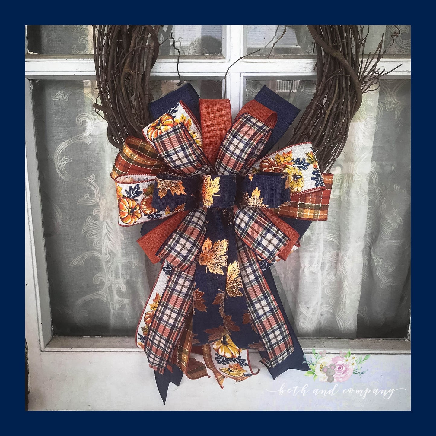 Fall Bow, Navy Fall Wreath Bow, Fall Mixed Ribbon Bow