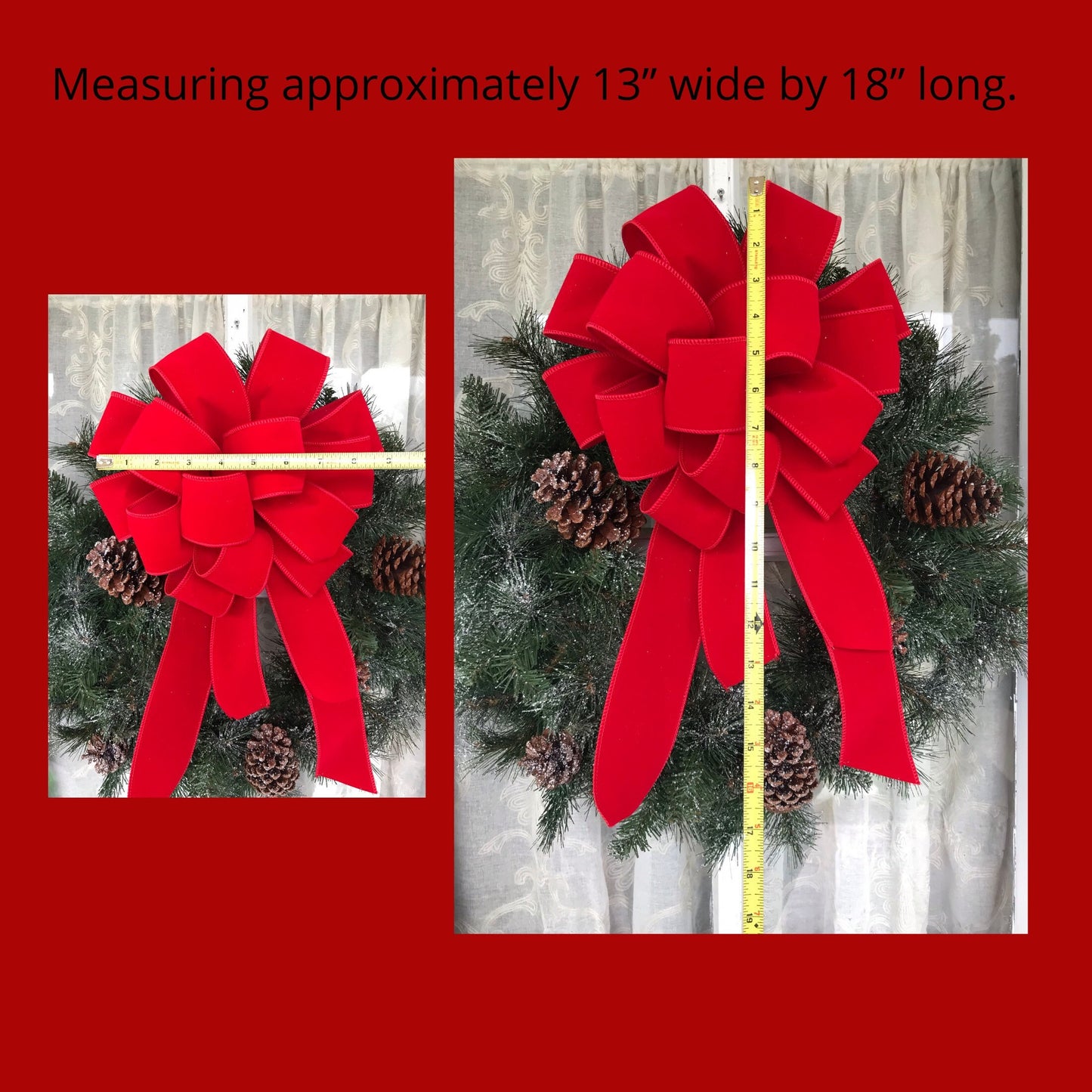 OUTDOOR Red Velvet Christmas wreath bow, Weatherproof Christmas Bow, 2.5" width wired red velvet, FREE shipping