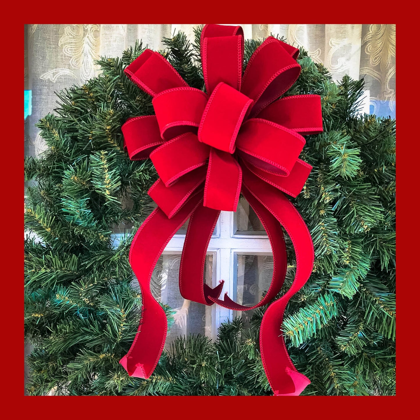 INDOOR/OUTDOOR Red Velvet Christmas wreath bow, Red or Scarlet Red, 1.5" width wired red velvet