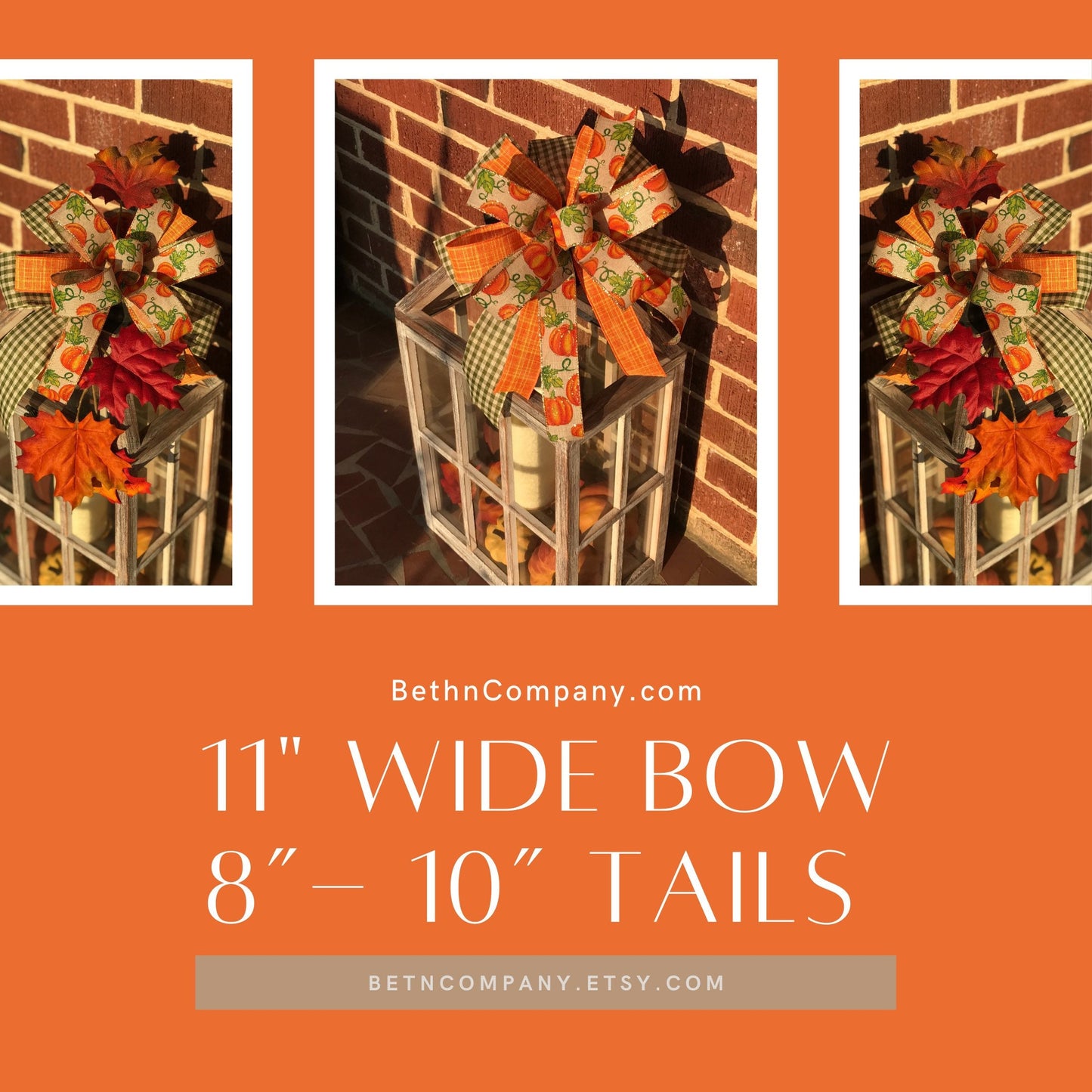 Fall Lantern Bow, Fall Orange Pumpkin Bow, Wreath bow, 11 Inch bow