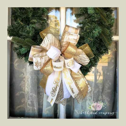 Christmas Bow, Gold and White Christmas Bow, Gold Tree Topper, Lantern Bow