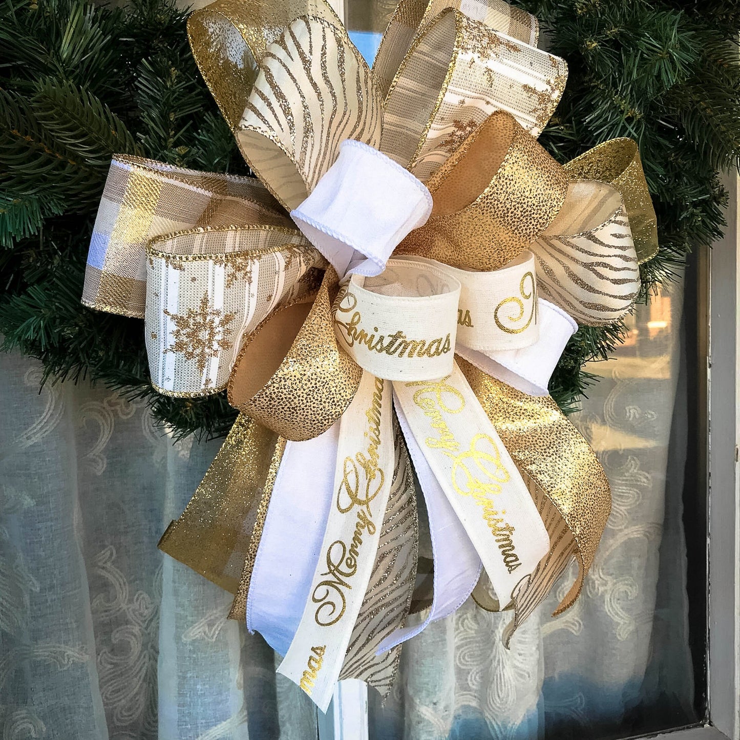 Christmas Bow, Gold and White Christmas Bow, Gold Tree Topper, Lantern Bow