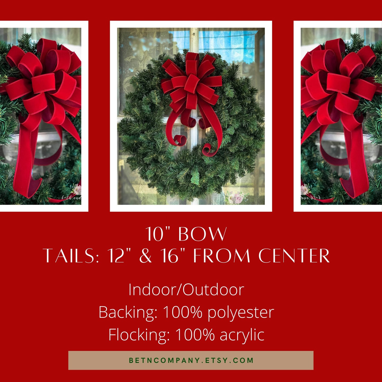 INDOOR/OUTDOOR Red Velvet Christmas wreath bow, Red or Scarlet Red, 1.5" width wired red velvet