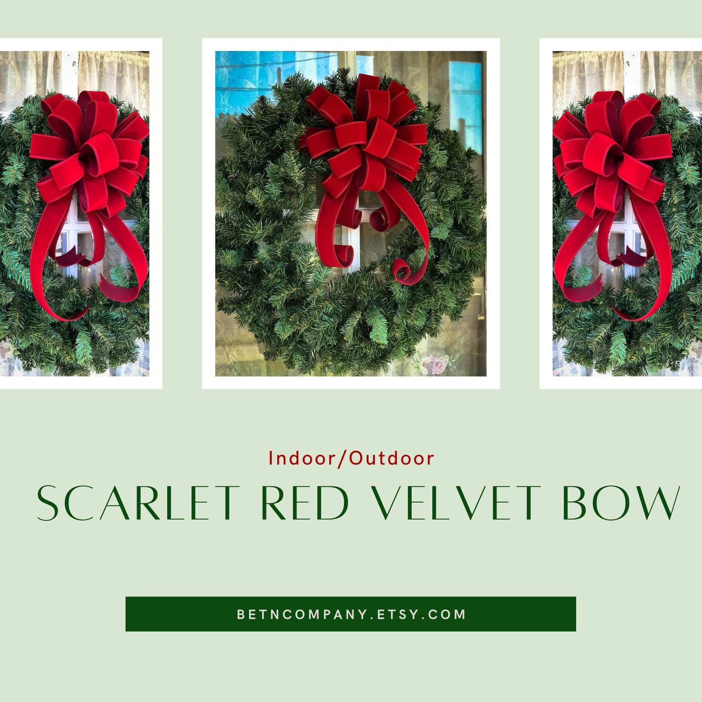 INDOOR/OUTDOOR Red Velvet Christmas wreath bow, Red or Scarlet Red, 1.5" width wired red velvet