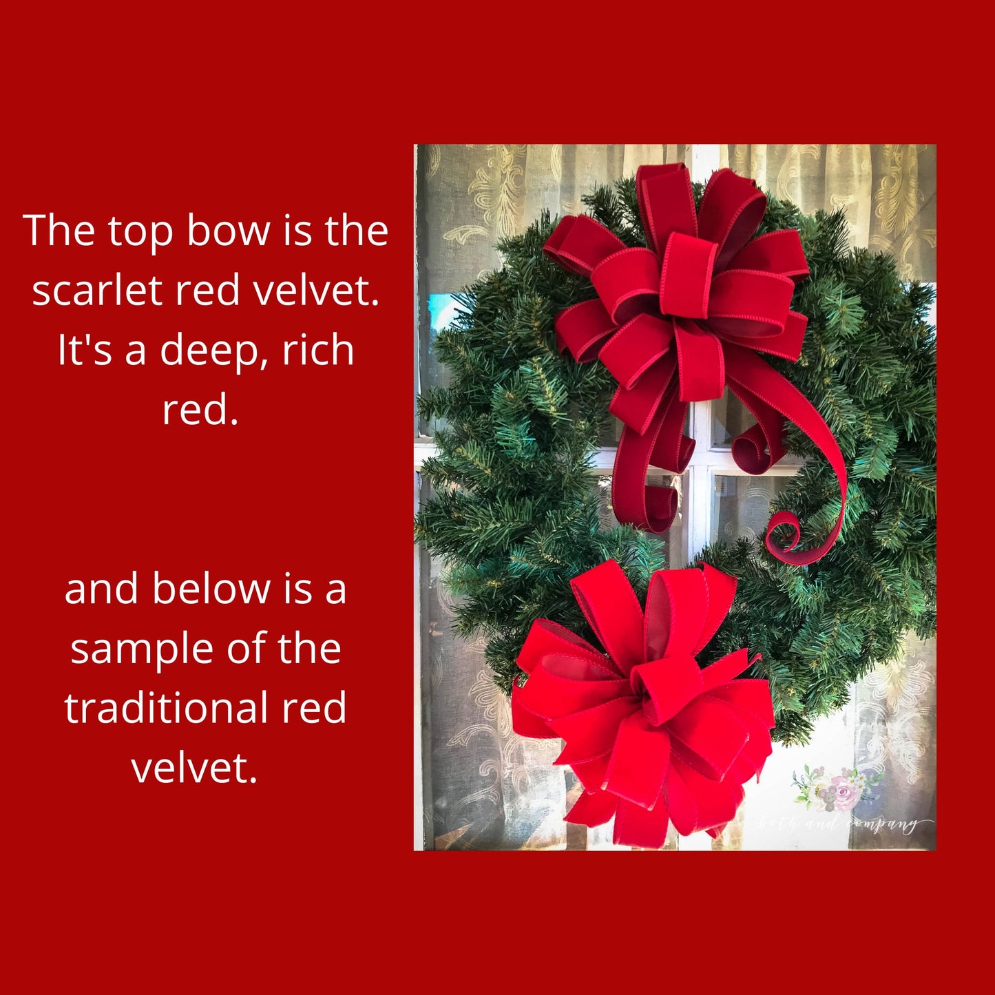 INDOOR/OUTDOOR Red Velvet Christmas wreath bow, Red or Scarlet Red, 1.5" width wired red velvet