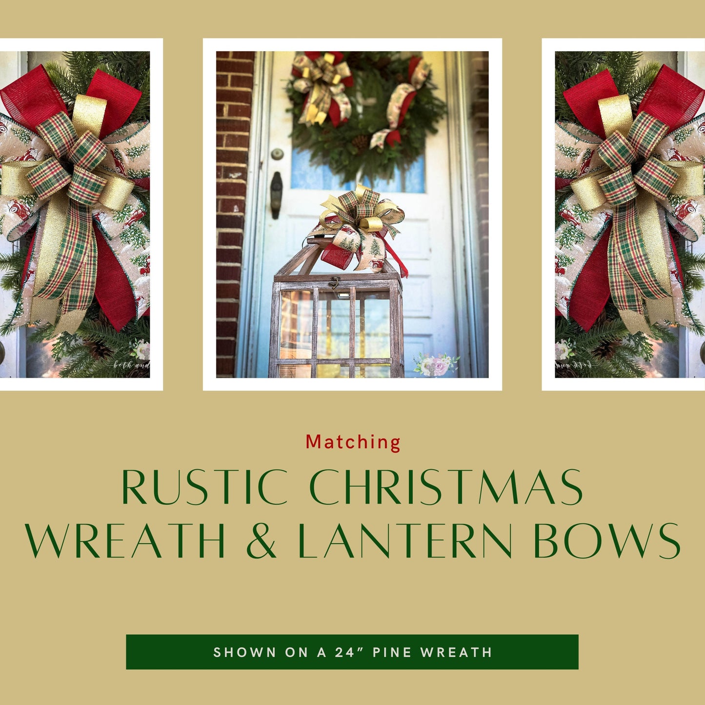 Christmas Bow, Rustic Christmas Wreath & Lantern Bow Set