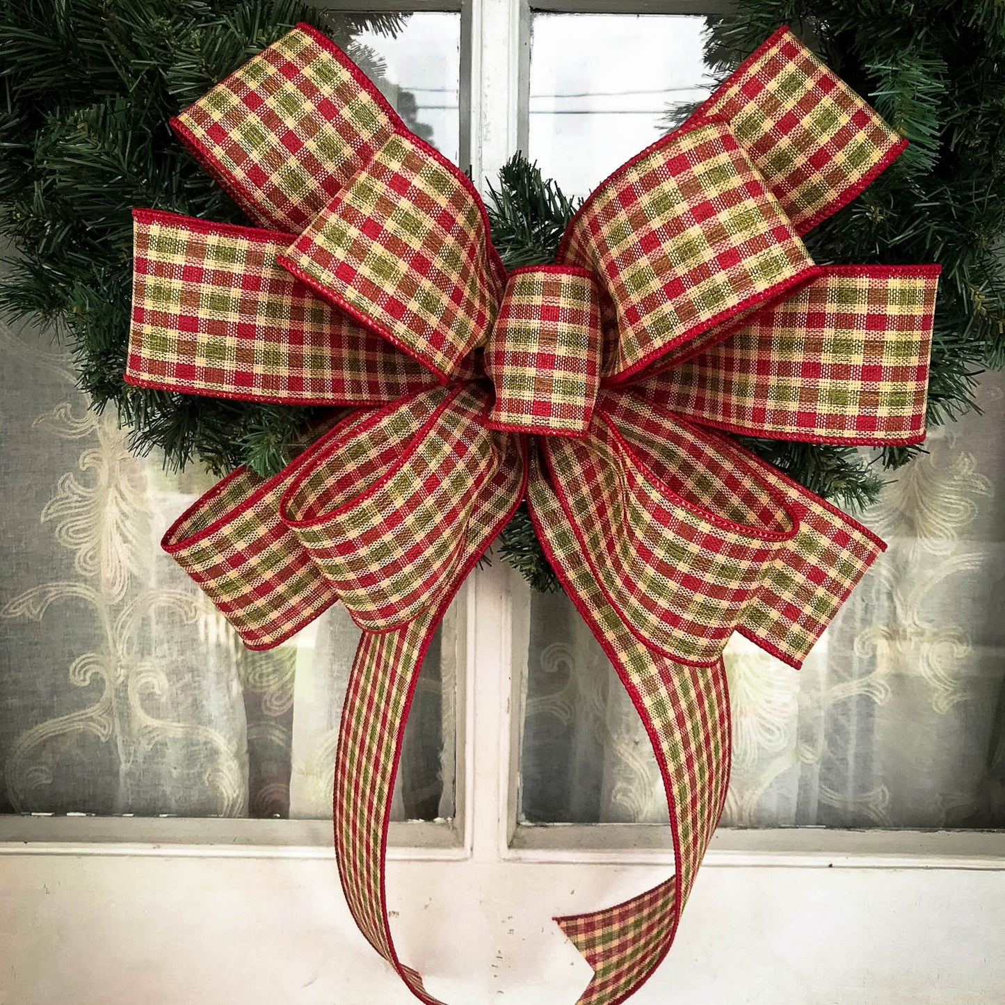 Christmas Bow, Homespun Christmas Plaid Bow, Farmhouse Christmas Wreath Bow