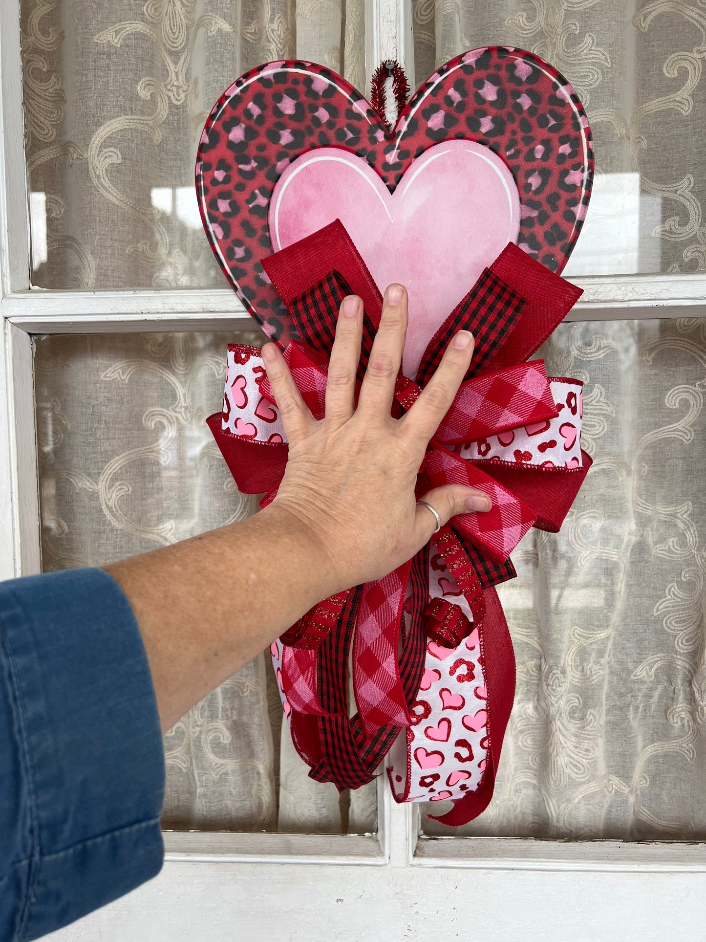 Valentine's Bow, Leopard Print Metal Heart with Valentines Bow, Valentines Day Decor for front door