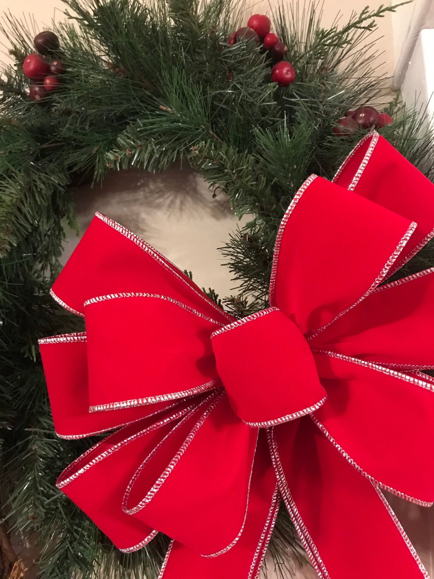 OUTDOOR Red Velvet Silver Trim Christmas wreath bow, Weatherproof Christmas Bow, 2.5" width wired red velvet, FREE shipping