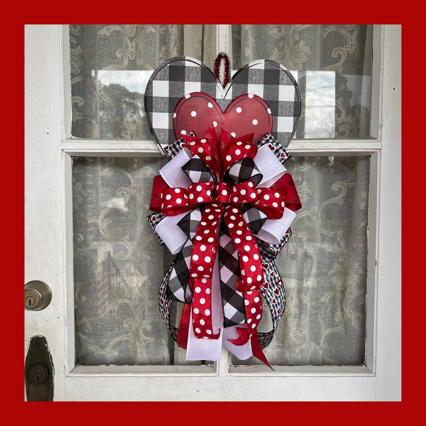Valentine's Bow | Valentine Buffalo Plaid Door Hanger | Metal Heart with Valentines Bow | Valentines Day Decor for front door