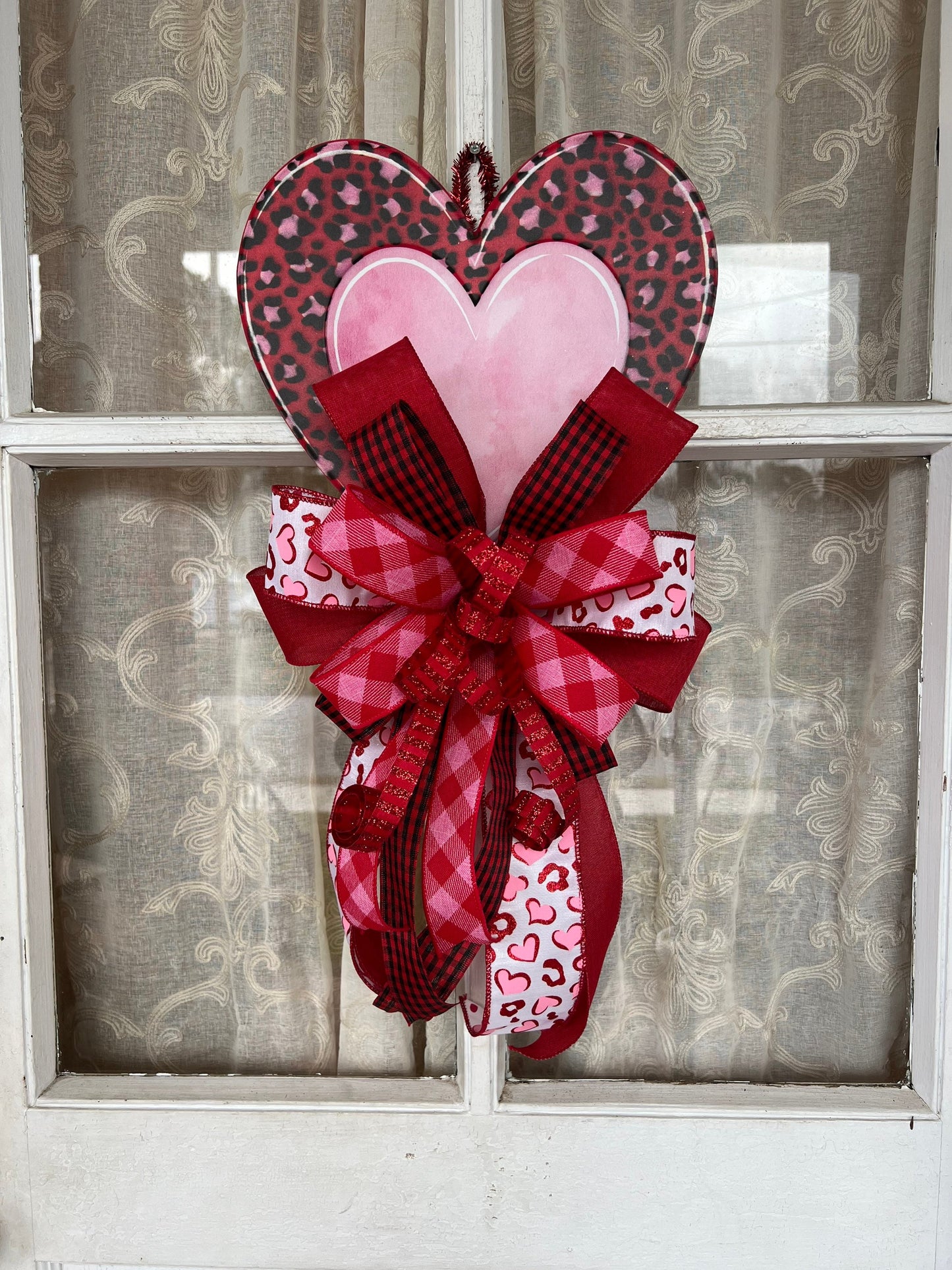 Valentine's Bow, Leopard Print Metal Heart with Valentines Bow, Valentines Day Decor for front door