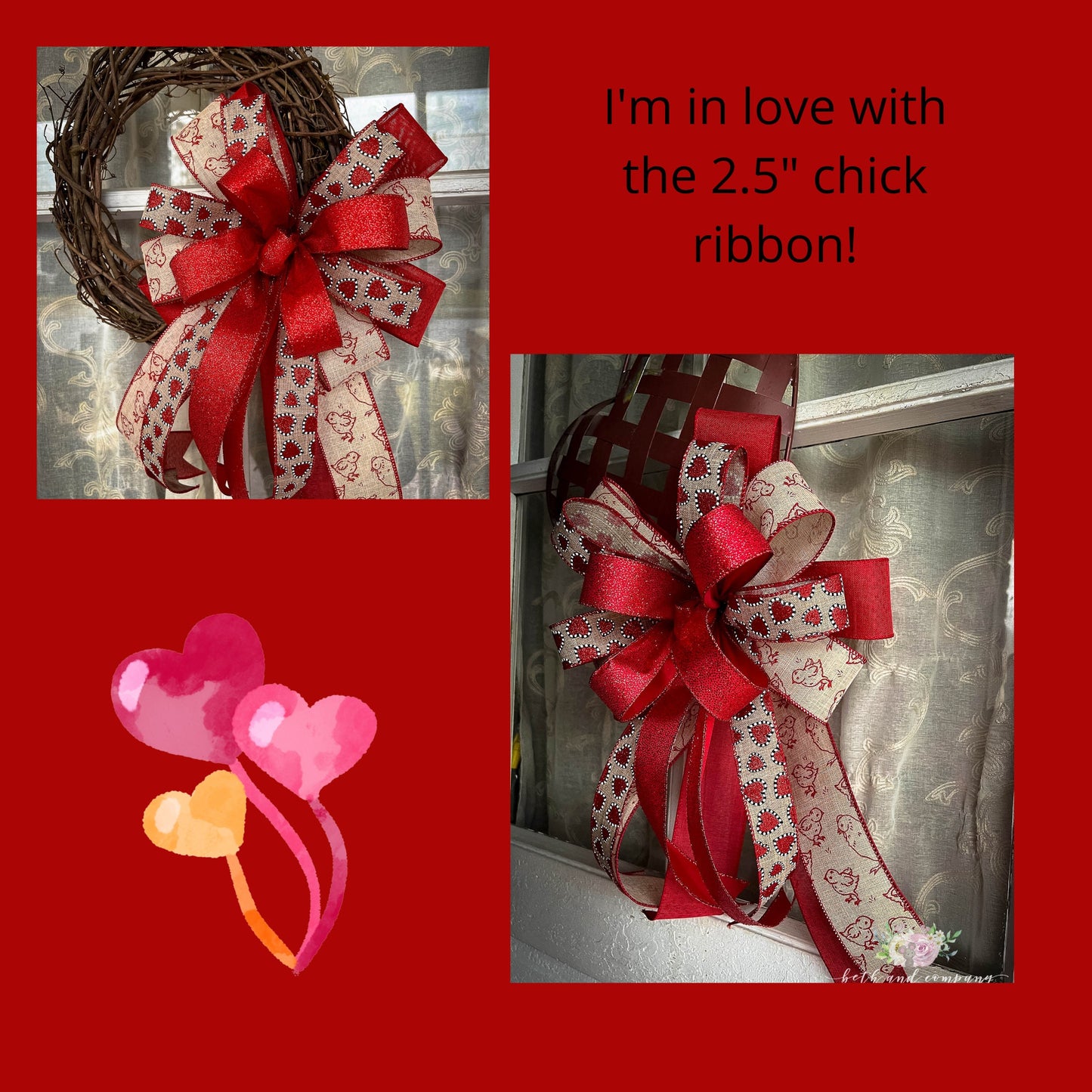 Valentines Bow | Farmhouse Valentines Chick Wreath Bow | Red Chick Print Bow | Lantern Bow