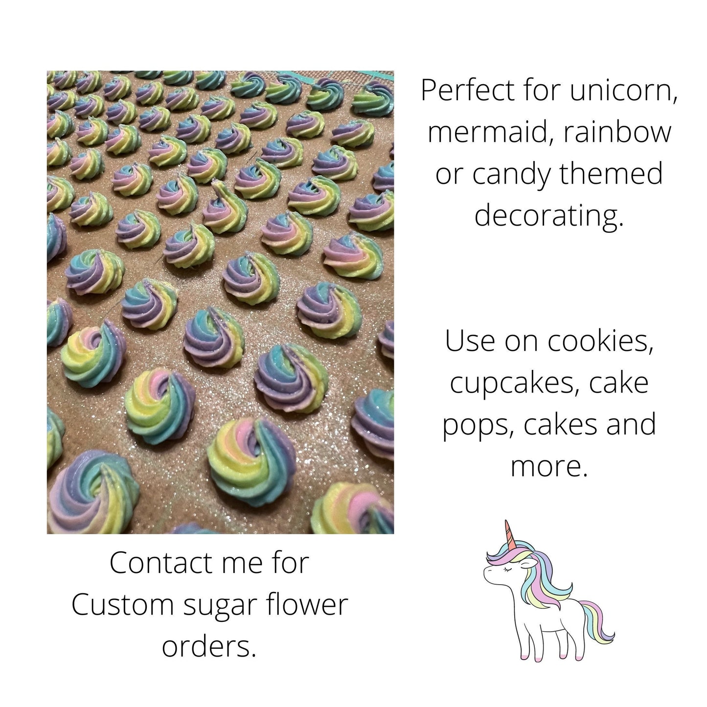 Edible Sugar Flowers | Royal Icing Flowers | Unicorn Sugar Flowers | Rosettes | Edible Cake Decorations | Mermaid Cookie Flowers