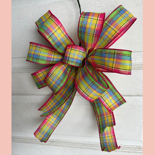 Easter Basket Bow, Spring Wreath Bow, Easter Bow for Front Door, Easter Decorations, Bright Spring Plaid