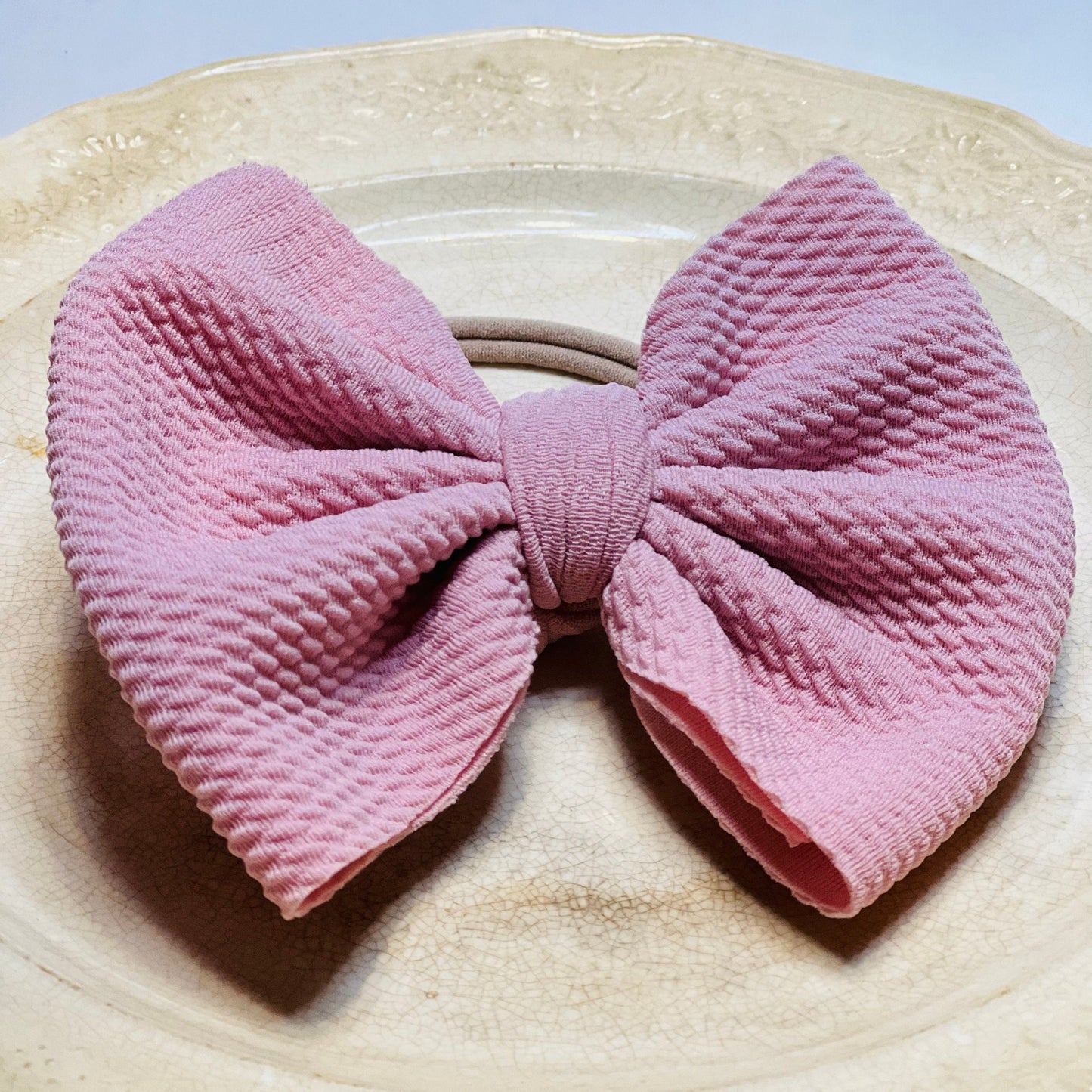 Liverpool Bow / 5 Inch Bullet Stretch Fabric Infant Bow / Light Mauve