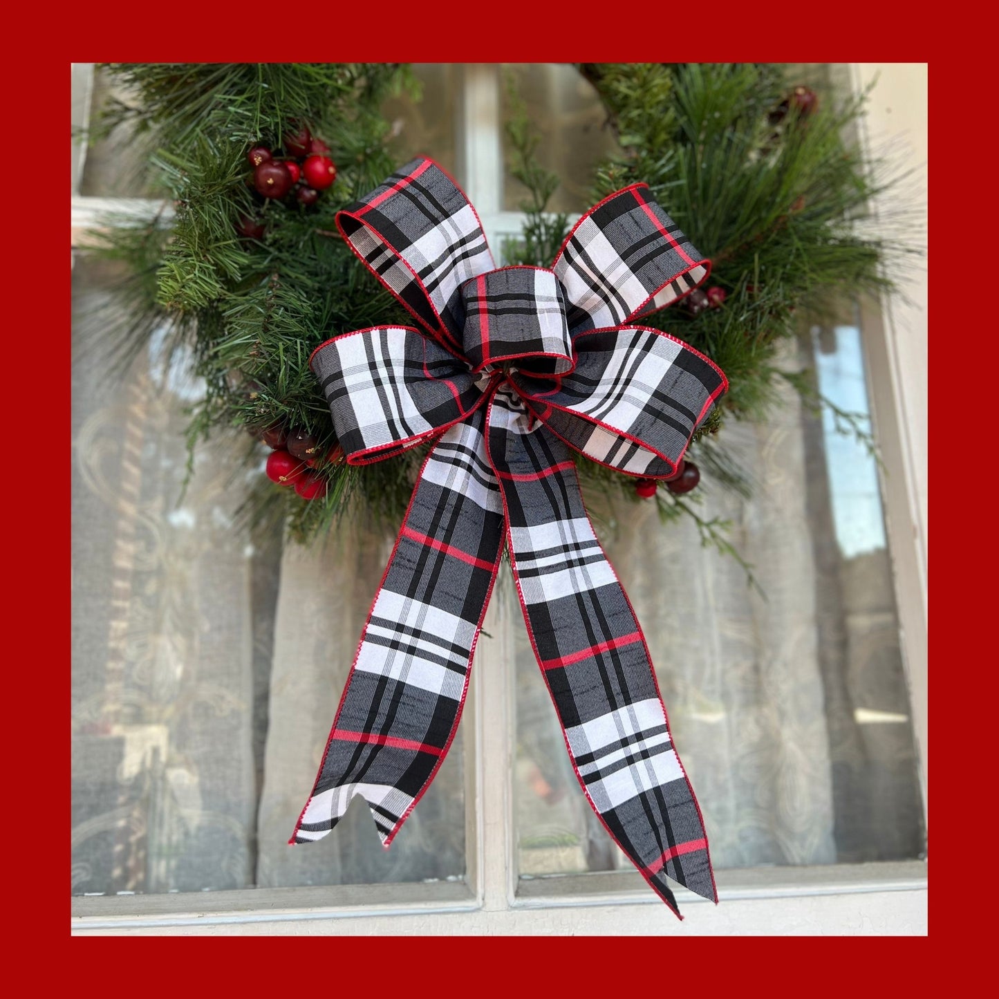 Christmas Bow / Red, Black & White Santa Bow / Farmhouse Décor / Matching Lantern Bow