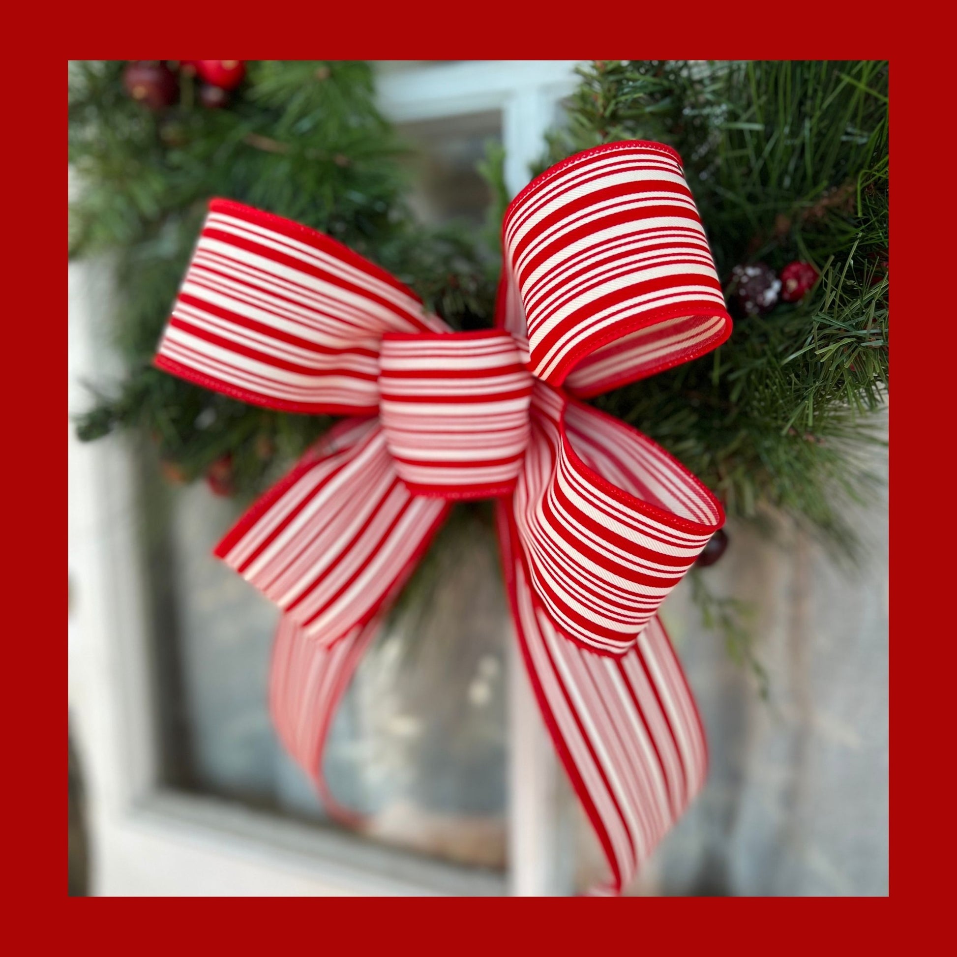 Christmas Bow / Red and White Ticking Striped Bow / Farmhouse