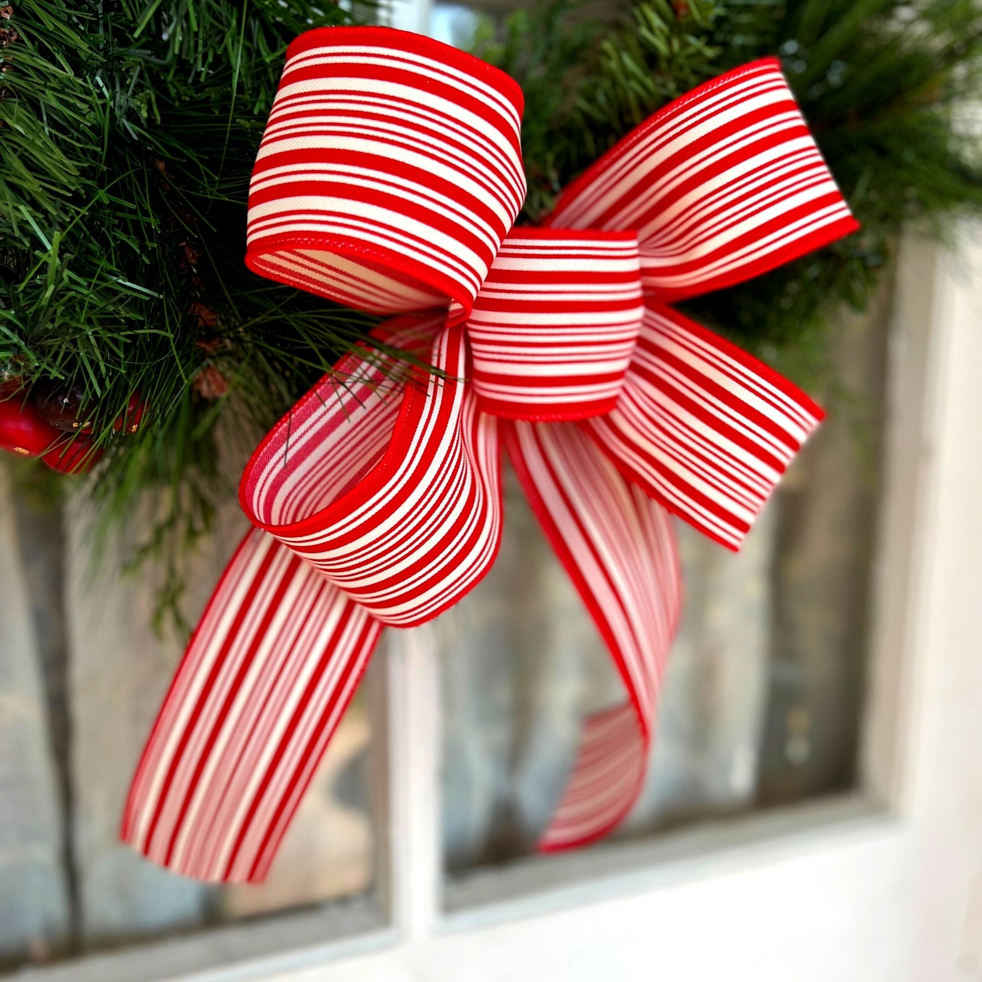 Christmas Bow / Red and White Ticking Striped Bow / Farmhouse